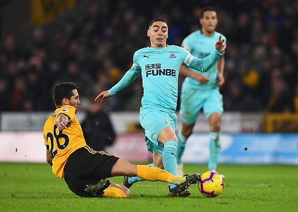 Miguel Almiron in action against Wolves in his Premier League debut for Newcastle United